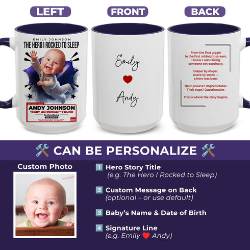 Personalized Baby Astronaut Mug – Custom Name, Photo & Hero Story for Mom – “Commander Crawler” Gift